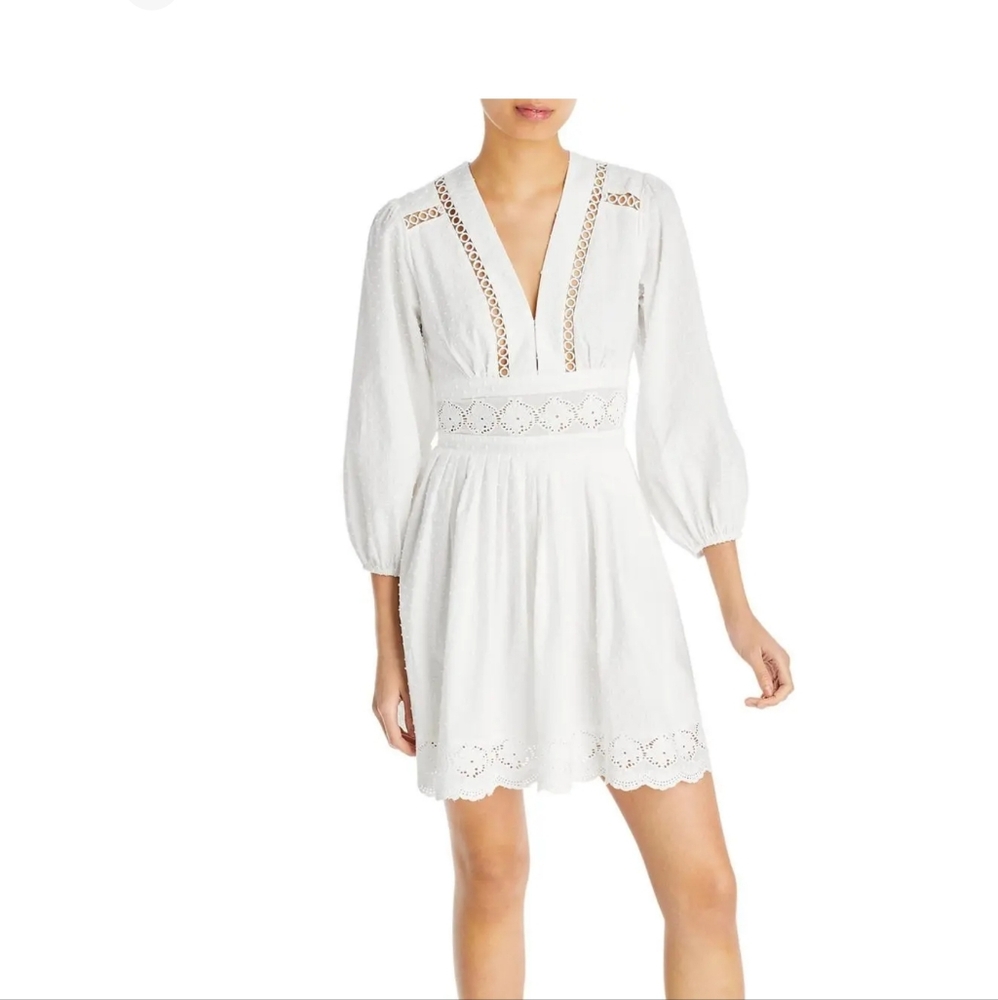 AQUA Embroidered Mini Dress Women's Small White V-neck Swiss Dot 3/4 Sleeve Sz L